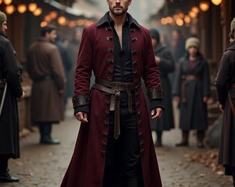 Men&#39;s Regal Burgundy Leather Coat | Luxurious Long Trench with Cross-Stitch Detailing | Ideal for Cosplay, Historical Reenactments