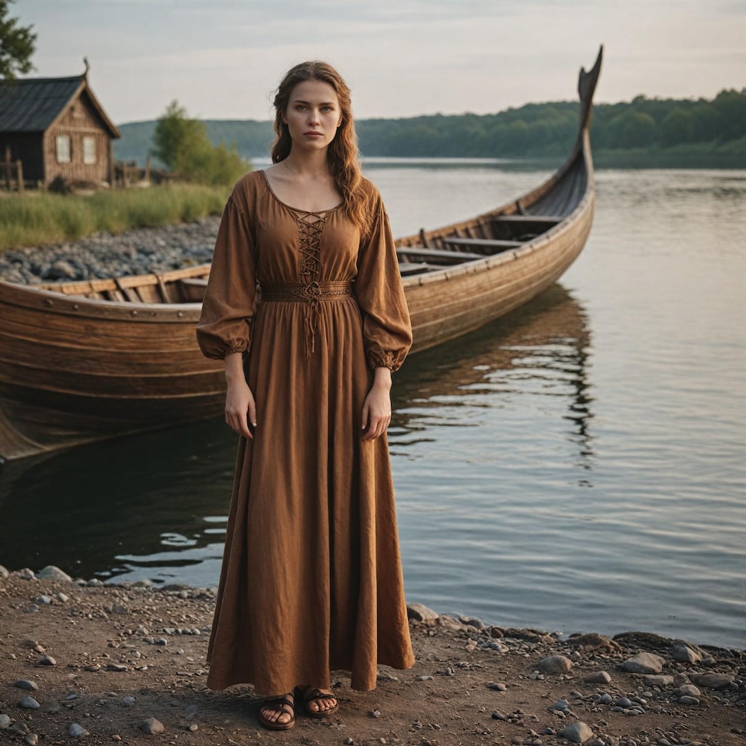 Medieval Brown Dress With Long Sleeves | Viking Era-inspired Women's Gown | Renaissance Festival, LARP, Costume | Rustic Nordic Outfit