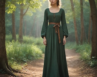 Vestido verde renacentista medieval / Vestido campesino de manga larga / Disfraz de LARP de bosque para mujer / Traje de fantasía histórica con cinturón