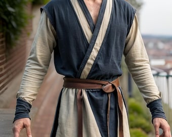 Túnica de guerrero medieval para hombre / Disfraz vikingo para ferias renacentistas / Disfraz histórico de época LARP / Disfraz azul oscuro y beige de manga larga