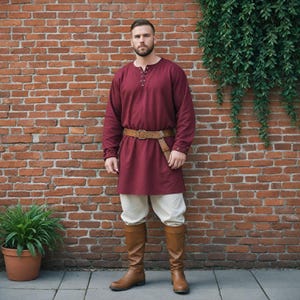Mittelalterlich inspirierte Herren-Tunika in Kastanienbraun | Perfekt für Renaissance Messen und Halloween | Lace Up Lockere Tunika Kostüm | Geschenk für Freund