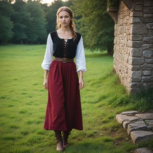Medieval Renaissance Peasant Dress | Red Skirt with Black Corset Top | Historic Fantasy Costume | Women&#39;s LARP Cosplay Outfit