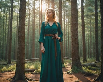 Vestido medieval verde bosque / Vestido de mujer de inspiración renacentista con cinturón / Disfraz de cosplay vikingo / Elegante atuendo de inspiración nórdica