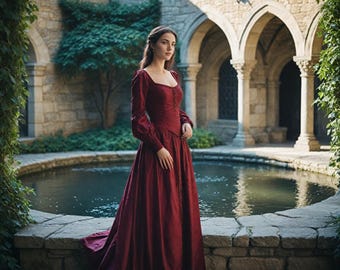 Elegant Burgundy Renaissance Gown | Medieval-Inspired Women&#39;s Long Dress with Train | Historical Fantasy Costume | Noble Lady Outfit