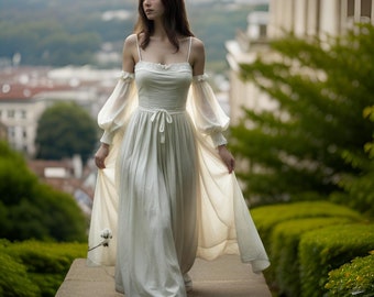 Elegant White Women's Gown | Bohemian Off-Shoulder Dress | Ethereal Lightweight Maxi Dress | Romantic Summer Attire | Wedding Guest Dress