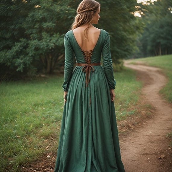 forest green peasant dress Medieval Renaissance Green Gown | Long Sleeve Peasant Dress | Women's Forest LARP Costume