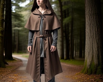 Brown Medieval Hooded Cloak | Renaissance Faire Cosplay Cape | Long Hooded Men's Robe | Historical Reenactment Cloak