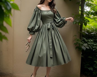 Elegantes Damen Olivgrünes Midikleid | Vintage-inspiriertes Off-Shoulder Puff Ärmel Kleid | Perfekt für Partys und Events
