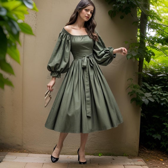 Elegant Women s Olive Green Midi Dress Vintage inspired Off shoulder Puff Sleeve Dress Perfect for Parties and Events Etsy