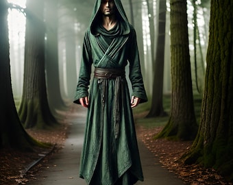 Medieval Green Men's Cloak | Hooded Cosplay Outfit Robe | Fantasy Roleplay LARP Attire | Renaissance Fair Costume Cosplay