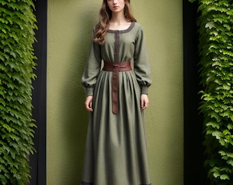 Vestido campesino medieval verde con cinturón marrón / Vestido de mujer de manga larga / Traje de feria renacentista tradicional / Vestido de cosplay de festival