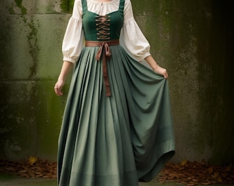 Green Renaissance Peasant Dress | Medieval Festival Women&#39;s Costume | Laced Bodice Cosplay Dress | Puffed Sleeves Historical Outfit