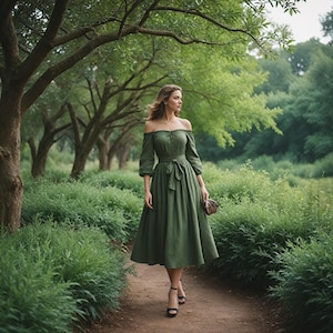 Elegant Off-Shoulder Green Midi Dress | Renaissance-Inspired Forest Green Dress | Belted Waist and Puff Sleeves | Chic Medieval-Style Outfit