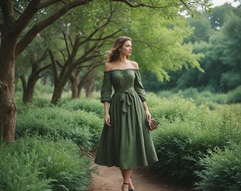 Elegant Off-Shoulder Green Midi Dress | Renaissance-Inspired Forest Green Dress | Belted Waist and Puff Sleeves | Chic Medieval-Style Outfit