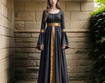 Medieval Gown with Golden Accents | Viking Women&#39;s Fantasy Dress | Renaissance Bell Sleeve Gown | Noble Lady Period Costume