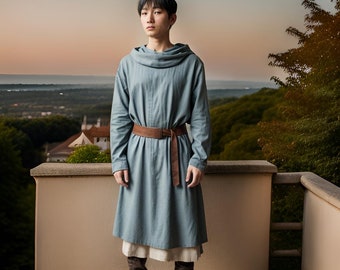 Classic Medieval Peasant Tunic | Viking Long Sleeve Tunic with Brown Belt | Cowl Neck Comfortable Costume | Perfect for Halloween