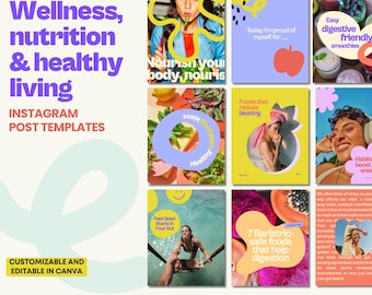 Puede incluir: Un conjunto de plantillas de publicaciones de Instagram con un tema de bienestar y nutrición. Las plantillas presentan gráficos coloridos, imágenes de alimentos y texto como "Nutre tu cuerpo, nutre", "Batidos fáciles y digestivos" y "Hábitos que aumentan tu energía".