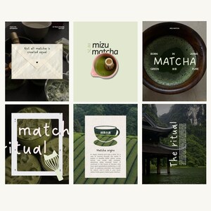 Puede incluir: Un collage de seis im&aacute;genes relacionadas con el matcha. Las im&aacute;genes incluyen matcha, un batidor y texto como "Not all matcha is created equal", "mizu matcha", "BORN IN JAPAN MATCHA", "match ritual", "Matcha origins" y "The ritual".