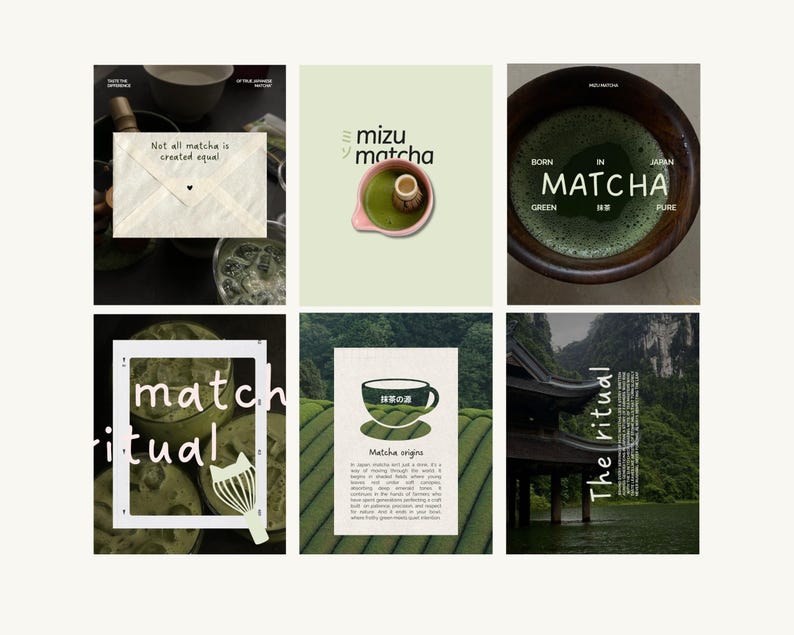 Puede incluir: Un collage de seis im&aacute;genes relacionadas con el matcha. Las im&aacute;genes incluyen matcha, un batidor y texto como "Not all matcha is created equal", "mizu matcha", "BORN IN JAPAN MATCHA", "match ritual", "Matcha origins" y "The ritual".
