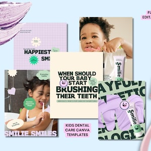 May include: A collection of images promoting children's dental care, including a pink toothbrush, toothpaste, and children brushing their teeth. Text includes "Happiest Smile" and "When Should Your Baby Start Brushing Their Teeth?"
