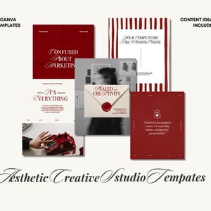 Op de afbeelding: Een verzameling Canva-sjablonen in bordeauxrood en wit, met teksten als 'Confused About Marketing' en 'Your Competitors Are Winning Online'. De afbeelding bevat ook de tekst 'Content Ideas Included'. De algehele esthetiek is minimalistisch.