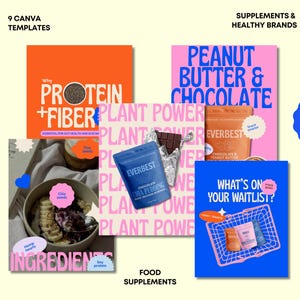 Pode incluir: Uma coleção de modelos Canva coloridos para suplementos alimentares e marcas saudáveis. Os modelos apresentam texto como "Proteína + Fibra", "Manteiga de amendoim e chocolate" e "O que está na sua lista de espera?" com imagens.