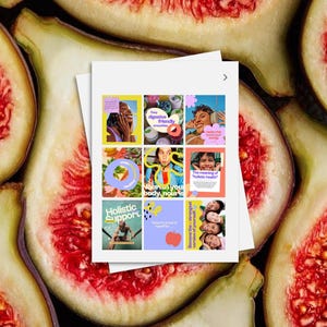 May include: A close-up of fresh figs with a stack of square images. The images have colorful backgrounds and text that reads "Easy digestive friendly smoothies", "Nourish your body, nourish", and "Holistic Support".