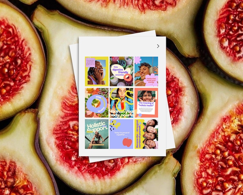 May include: A close-up of fresh figs with a stack of square images. The images have colorful backgrounds and text that reads "Easy digestive friendly smoothies", "Nourish your body, nourish", and "Holistic Support".