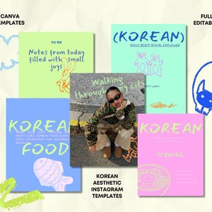 Op de afbeelding: Een verzameling kleurrijke Canva-sjablonen voor Instagram, met Koreaanse esthetische ontwerpen. De sjablonen bevatten tekst en illustraties, met een persoon in het midden. De sjablonen zijn volledig bewerkbaar.