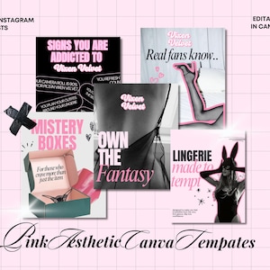 Puede incluir: Plantillas de Canva estéticas rosas con varios diseños. Las plantillas incluyen texto como "Signs You Are Addicted To Vixen Velvet", "Mystery Boxes" y "Lingerie made to tempt". La imagen está sobre un fondo de cuadrícula rosa.