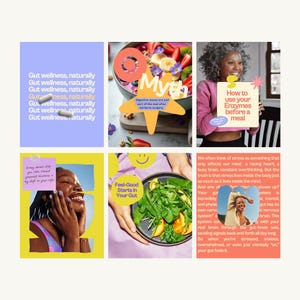 May include: A collage of images with text about gut health. One image shows pills with the text "Gut wellness, naturally." Another shows a woman holding a sign that says "How to use your Enzymes before a meal."