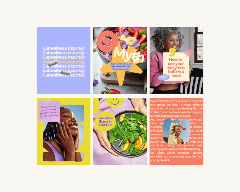 May include: A collage of images with text about gut health. One image shows pills with the text "Gut wellness, naturally." Another shows a woman holding a sign that says "How to use your Enzymes before a meal."