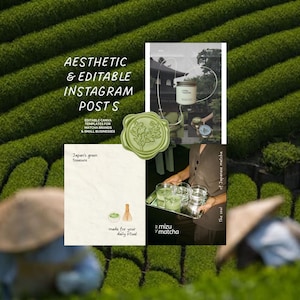 Puede incluir: Plantillas est&eacute;ticas para publicaciones de Instagram con el tema del t&eacute; matcha. La imagen incluye el texto "Aesthetic & Editable Instagram Posts" y "Japan's green treasure". Otras im&aacute;genes muestran la preparaci&oacute;n y el servicio del t&eacute; matcha.