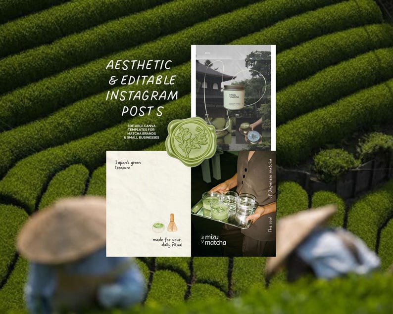 Puede incluir: Plantillas est&eacute;ticas para publicaciones de Instagram con el tema del t&eacute; matcha. La imagen incluye el texto "Aesthetic & Editable Instagram Posts" y "Japan's green treasure". Otras im&aacute;genes muestran la preparaci&oacute;n y el servicio del t&eacute; matcha.