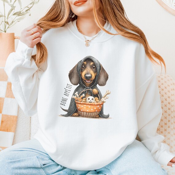 Bone Appetit Halloween Dachshund Sweatshirt | Fall Weenie Dog Crewneck | Wiener Dog Trick or Treat Sweater | Dog Lover Gift |  Halloween Dog