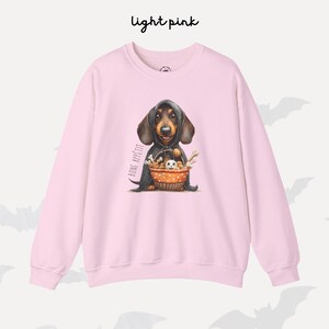 May include: Pale pink sweatshirt with a dachshund illustration. The dog wears a cloak and holds a basket of bones and a small dog. The words "BONE APPETIT" are printed on the left side of the sweatshirt.