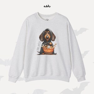 May include: Pale grey sweatshirt with a dachshund illustration wearing a black cloak and holding a basket of bones. The words "BONE APP&Eacute;TIT" are printed vertically on the left. The word "ash" is printed in cursive at the top.