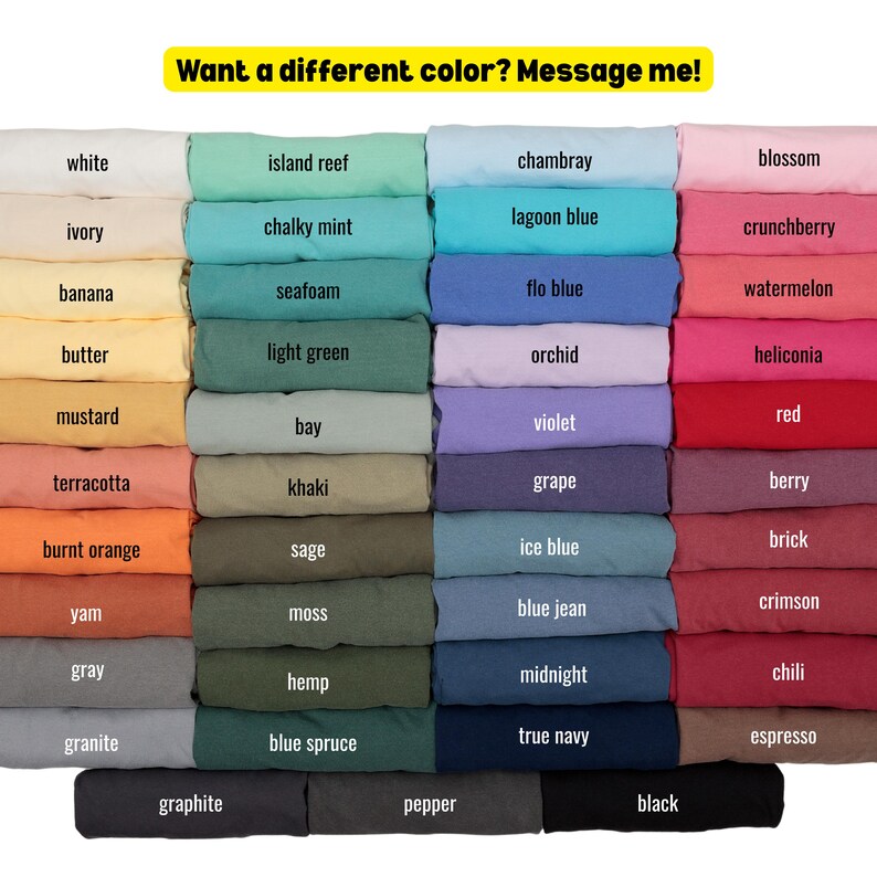 May include: A color chart displaying a variety of fabric colors, including white, blue, green, pink, and more. Each color is labeled with its name, such as "white," "island reef," and "chambray." The text "Want a different color? Message me!" is at the top.
