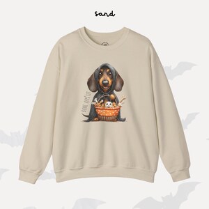 May include: A sand-coloured sweatshirt with a dachshund wearing a hooded cloak and holding a basket of bones and a small ghost. The words "BONE APP&Eacute;TIT" are printed on the left side of the dog. The word "sand" is printed at the top.