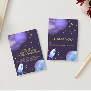 Convite de aniversário digital com tema espacial editável e cartão de agradecimento
