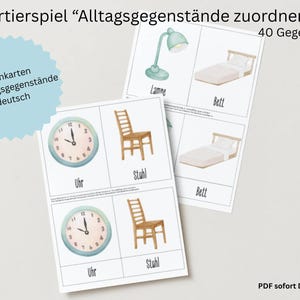 May include: Educational flashcards with illustrations of everyday objects, including a clock, chair, lamp, and bed. The cards are labeled in German and are designed for learning and sorting activities. The image also includes the text "40 Gegenstände".