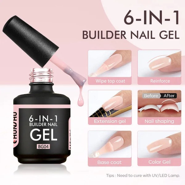 6 in 1 Extension Gel: 15ml Builder Nail Gel in a Bottle - Semi-Permanent Rubber Base Coat, Self-Leveling UV Construction Gel