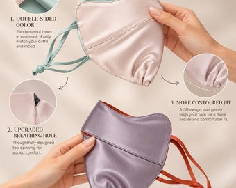 May include: Two mulberry silk face masks with adjustable ear loops. One mask is light pink with a mint green interior, and the other is a muted purple with an orange interior. Text includes BóVita, 100% Mulberry Silk, and numbered features.
