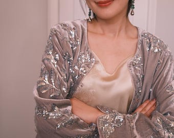Handmade 100% Silk Velvet Jacket – Grey Beaded & Sequined Statement Piece
