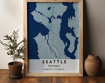 Aangepaste stadsplattegrond | Kaart afdrukken | Seattle Washington | Kaart van de stad Seattle afdrukken | Stadsplattegrond afdrukken | Aangepaste kaart afdrukken | Kunst aan de muur decor | Kaart