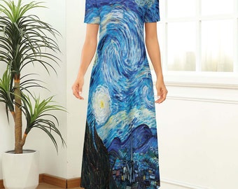 Woman Van Gogh Starry Night Short Sleeve Round-neck Long Dress (Size 2XS to 8XL) Basic Dress Never Goes Out Fashion