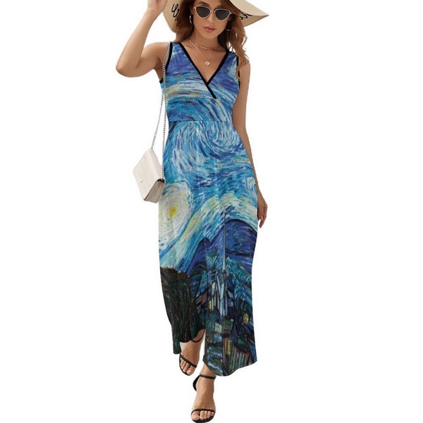 Woman Van Gogh Starry Night Sleeveless Long Dress Beach Dress Party Dress (Size S to 2XL)