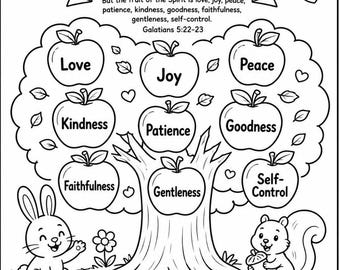 May include: Black and white line art coloring page with the text "Growing Good Fruit!" and "The Fruit of the Spirit." Features a tree with apples labeled with virtues, a rabbit, and a squirrel. Includes prompts to circle, trace, and draw.