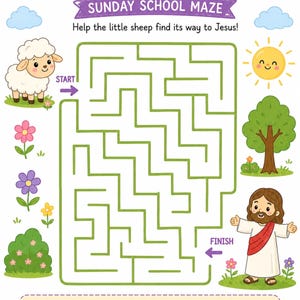 Peut inclure: Un labyrinthe coloré pour l'école du dimanche avec le texte "GOD LOVES ME!" et "SUNDAY SCHOOL MAZE". Le labyrinthe représente un mouton, Jésus, un soleil et un arbre. Le texte "I have loved you with an everlasting love. Jeremiah 31:3" est également inclus.