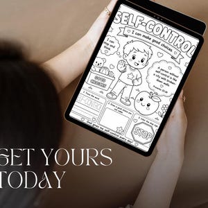 May include: A black tablet showing a black and white colouring page with the words "SELF-CONTROL" at the top. The page features a cartoon boy, an apple, and the text "I can make good choices."
